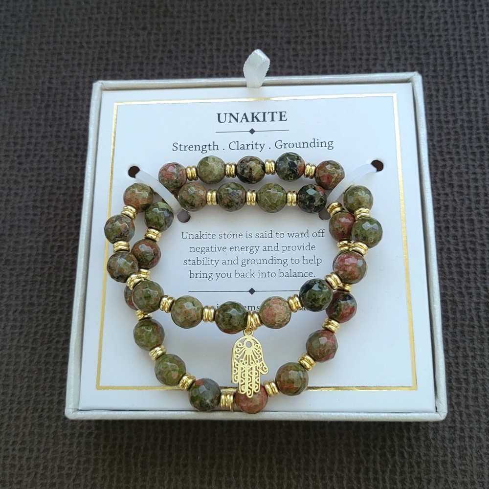 Shivam Unakite Stretch Bracelet Duo✌️ with Hamsa🤚Charm - NIB - Picture 12 of 15
